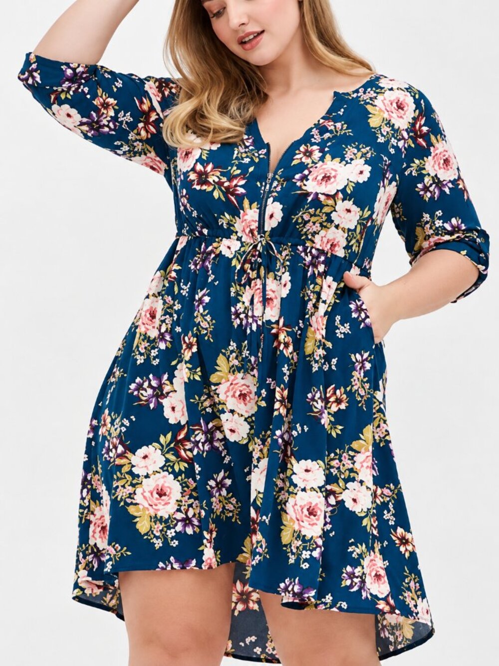 Torrid 3X Dark Teal Rose Floral Zip Front High Low Shirt Dress